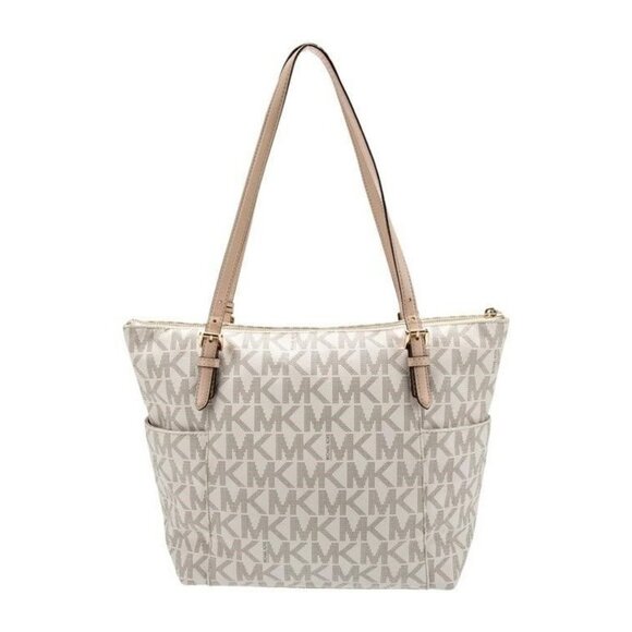 Michael Kors Jet Set Large Logo Tote Bag Beige/Brown Leather Trim Womens Handbag - Picture 3 of 5